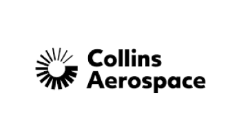Logo von Collins Aerospace mit einem stilisierten Sonnen- oder Radialdesign links neben dem Text. Die Worte „Collins Aerospace“ sind in schwarzer, fetter Schrift rechts neben dem Design geschrieben, wobei „Collins“ auf weißem Hintergrund über „Aerospace“ steht.