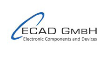 Logo der ECAD GmbH mit dem Text „Electronic Components and Devices“ darunter. Das Logo enthält ein blaues Swoosh-Design, das über den Buchstaben „E“ in „ECAD“ gebogen ist.