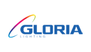 Das Bild zeigt das Logo von „Gloria Lighting“. Das Wort „GLORIA“ ist in fetten blauen Großbuchstaben geschrieben, darunter steht „LIGHTING“ in kleineren blauen Großbuchstaben. Ein Swoosh-Bogen mit einem Farbverlauf von Rot nach Blau umschließt den Text.
