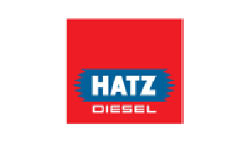 Rotes quadratisches Logo mit „HATZ“ in fetten weißen Buchstaben auf einem blauen rechteckigen Hintergrund mit gezackten Kanten und „DIESEL“ darunter in kleineren weißen Buchstaben, alles zentriert im roten Quadrat.