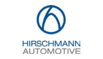 Das Logo zeigt einen blauen Kreis mit einem stilisierten „H“ darin, der ein wenig wie ein Bogen oder eine Kuppel aussieht. Unter dem Kreis steht in Großbuchstaben „Hirschmann Automotive“, wobei „Hirschmann“ blau und „Automotive“ grau ist.
