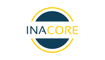 Ein Logo mit einem dunkelblauen Kreis mit gelbem Rand. Der Text „INACORE“ steht quer in der Mitte, wobei „INA“ dunkelblau und „CORE“ gelb ist. Das Design hat eine moderne und klare Ästhetik.