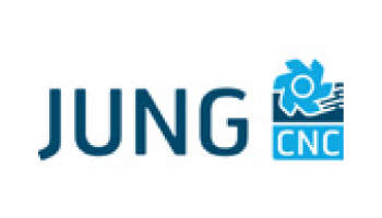 Das Bild zeigt das Logo von „JUNG“ mit den Buchstaben in Blau. Daneben befindet sich ein Symbol bestehend aus einer stilisierten blauen Blume und darunter steht „CNC“. Das Logo steht auf einem weißen Hintergrund.