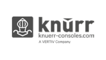 Das Bild zeigt das Logo von Knürr, einem Unternehmen von Würth. Das Logo enthält links eine Grafik, die einem stilisierten Läufer ähnelt, und rechts den Text „knürr knuerr-consoles.com A Würth Company“. Das Gesamtdesign ist in Graustufen gehalten.