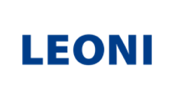 Das Bild zeigt das Wort „LEONI“ in fetten, blauen Großbuchstaben auf transparentem Hintergrund.