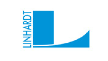 Ein blaues grafisches Design mit einem hohen Rechteck neben einer ansteigenden geschwungenen Linie. Die Worte „LINHARDT“ sind vertikal entlang der linken Seite des Rechtecks ausgerichtet, alles vor einem weißen Hintergrund.