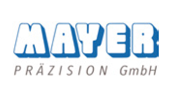 Logo der Mayer Präzision GmbH, mit „MAYER“ in fetten, blau-weißen Druckbuchstaben und „PRÄZISION GmbH“ darunter in kleineren, grauen Buchstaben.